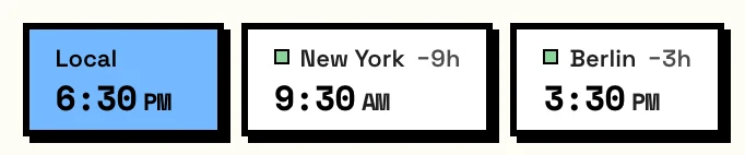 World clocks: local, New York and Berlin with working-hours dots
