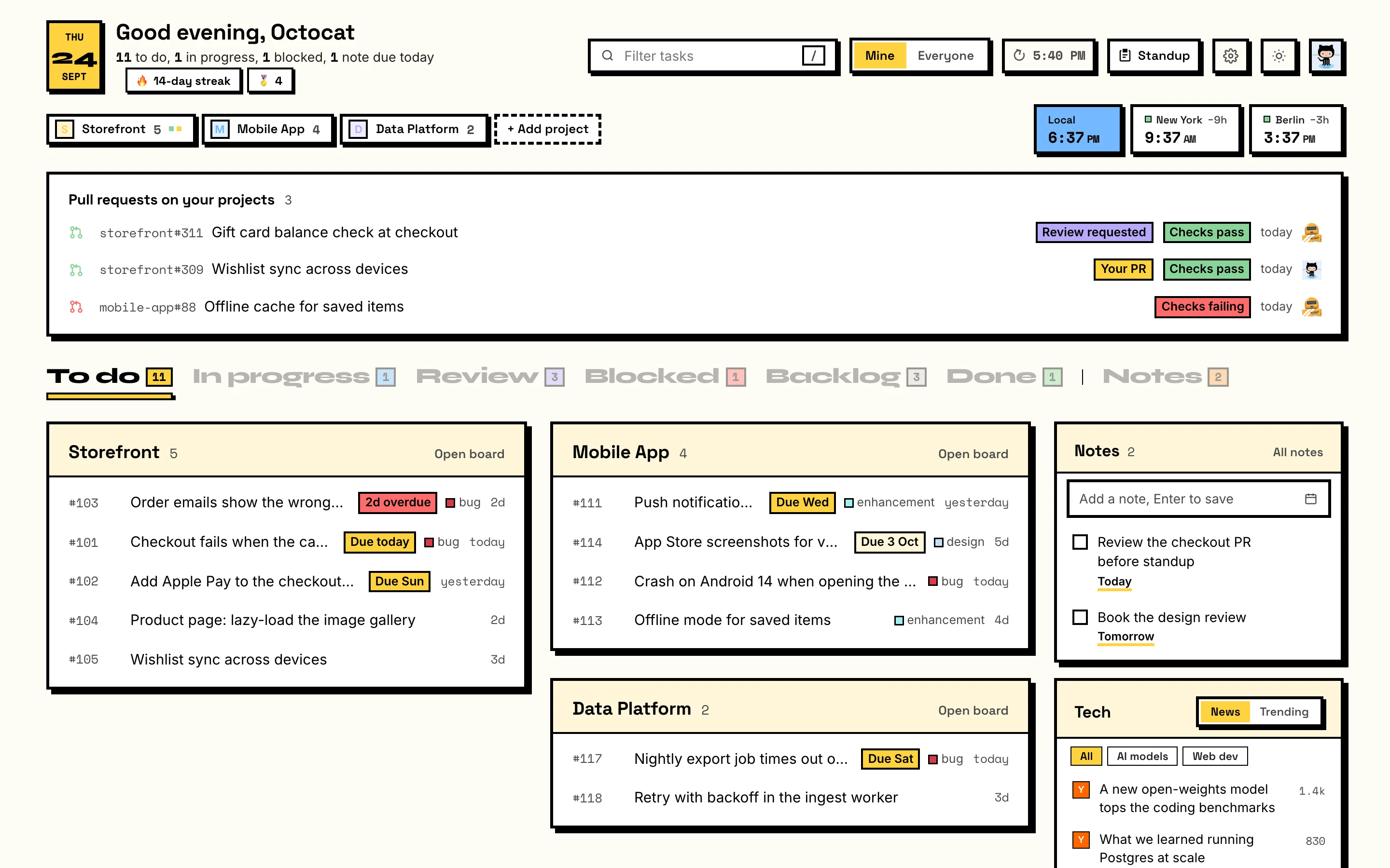 Tabboard: To do tasks from three boards, pull requests that need you, notes, world clocks and tech news