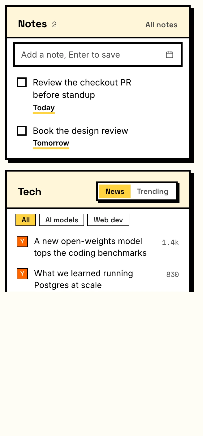Notes with due dates and a tech news card